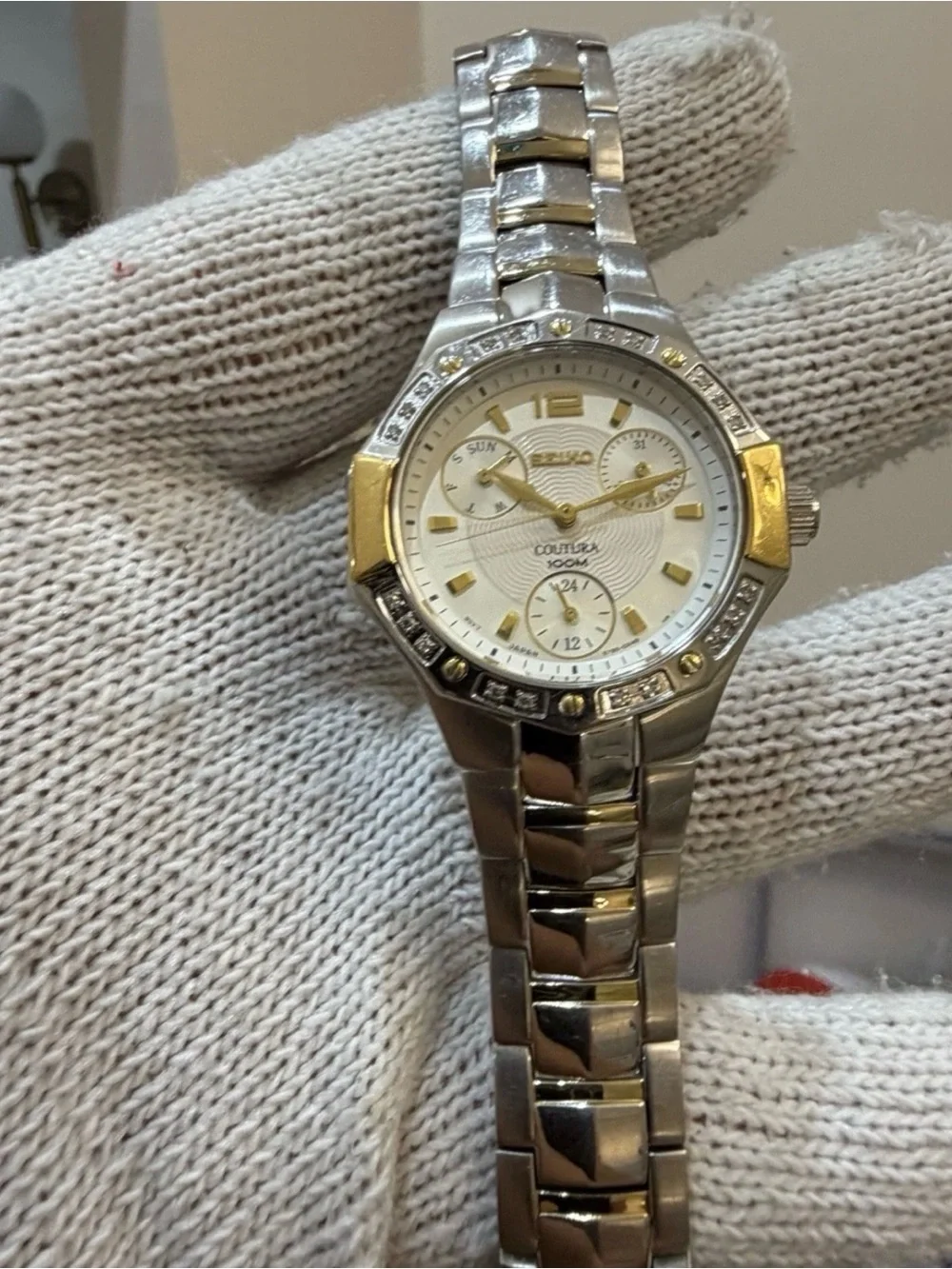Seiko Coutura SUK008 Womens Diamond Watch Two Tone Multi Hand Calendar 100M